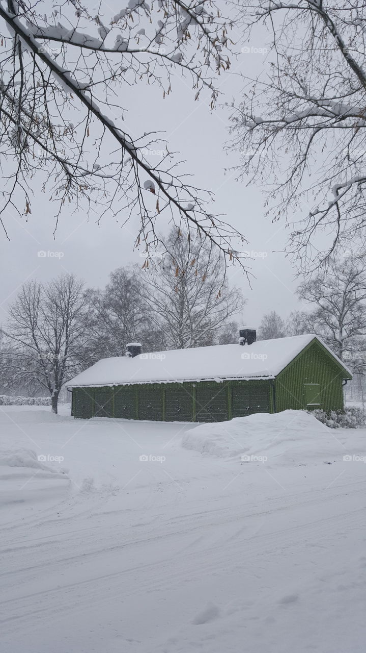 Garage with snow