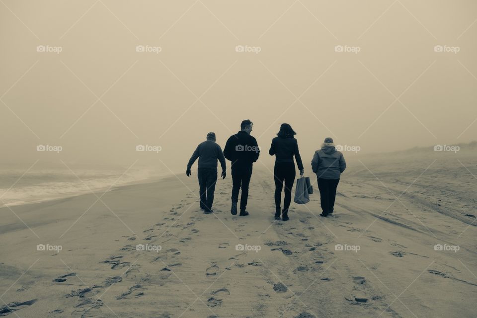 Monochromatic Family Walking On The Beach, Beach Walk In The Fog, Moving Forward, Walking On A Beach In New York, Monochrome Beach Scene 