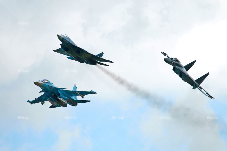 Sukhoi Su-34, T-50 & Su-35. The newest russian military aitcrafts represent the new generation 4++ and 5th generation (T-50) @ MAKS 2015 airshow.