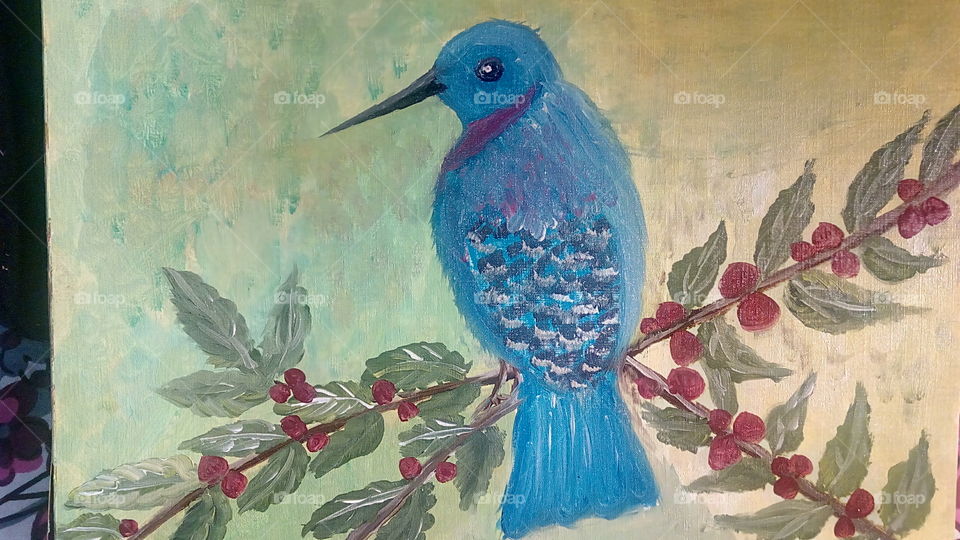 My oil painting of blue song bird...
