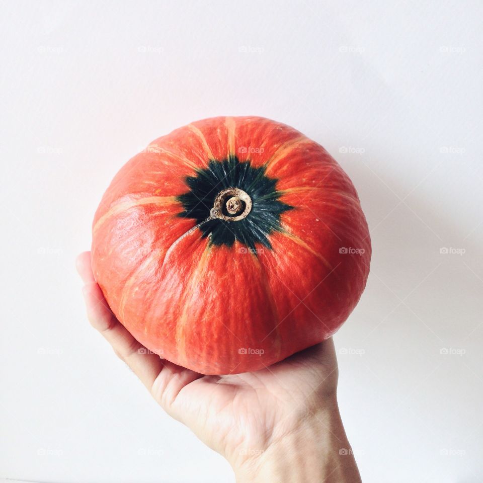 Close-up of a orange pumpkin in hand
