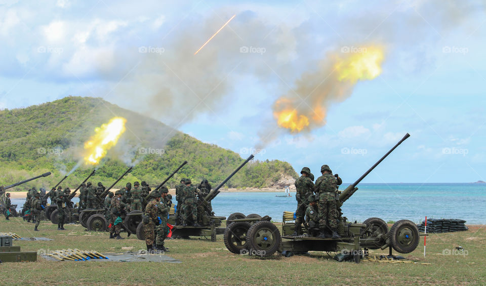 Military artillery guns.