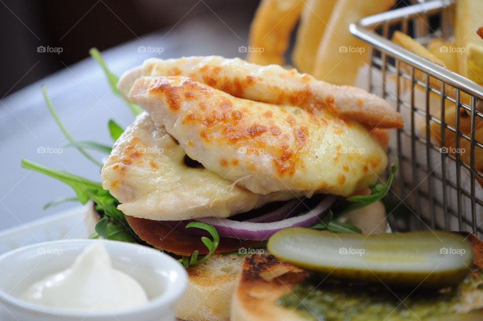 Chicken burger and chips
