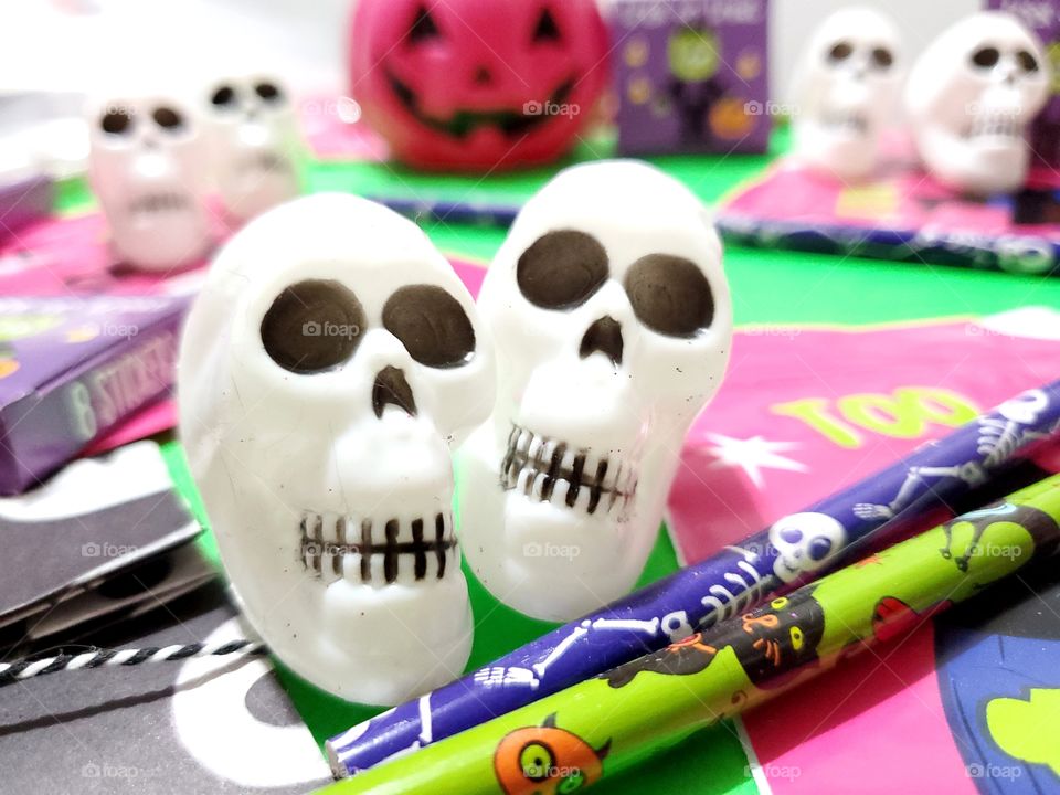 Halloween kids table of treats and goodies.