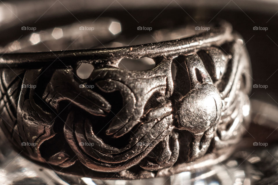 Macro view silver medieval male ring. Reconstruction viking retro jewelery from Birka in Sweden.