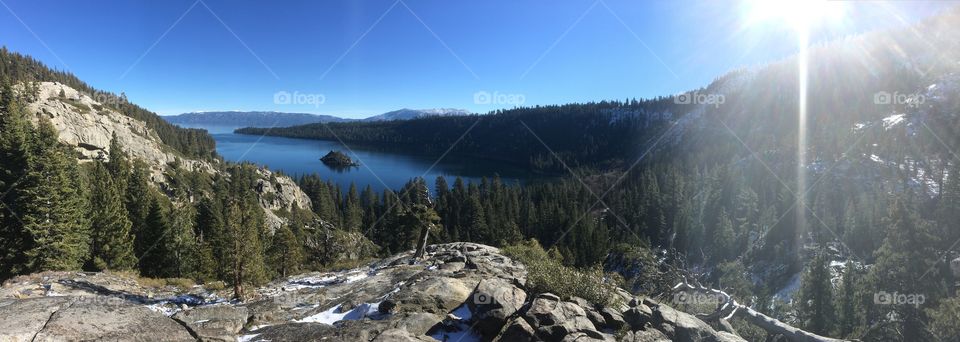 Pano from mountain side along the Emerald Bay of Lake Tahoe in California