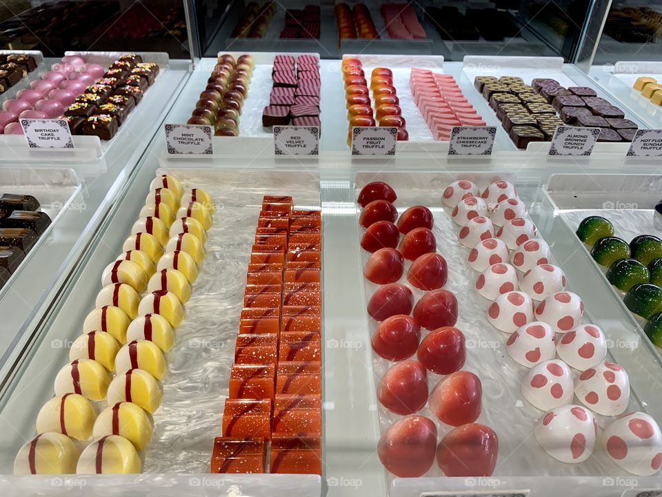 Colorful and delicious sweets in the shop window