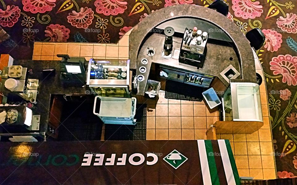 Coffee  Stand from above.. Empty Coffee Kiosk shot from two floors above!