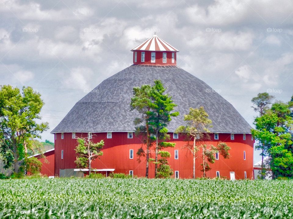 Big old round red Indiana barn. 