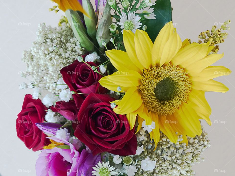 Sunflower and red rose bouquet 