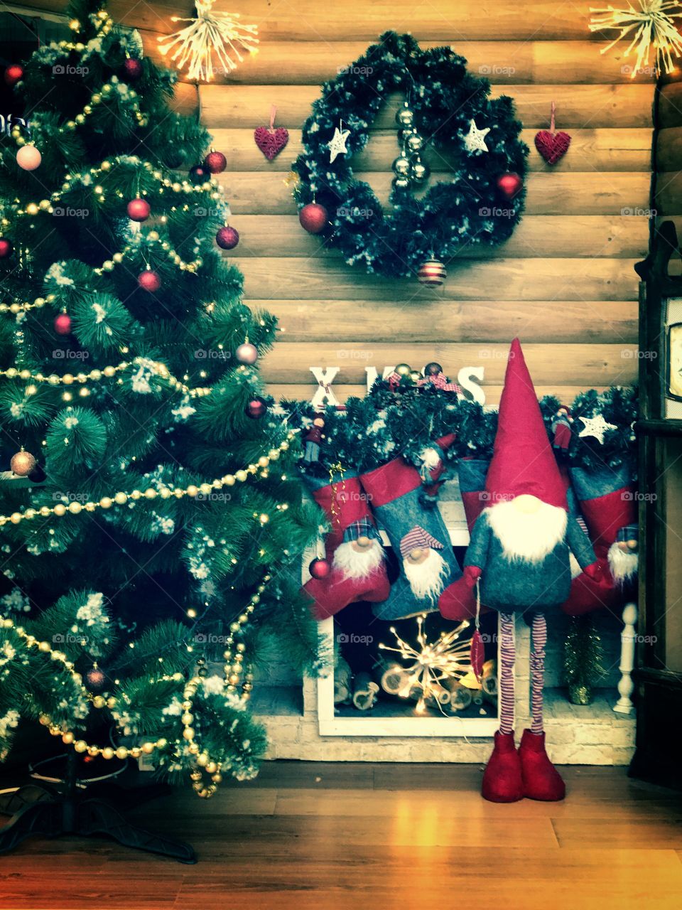 Christmas decorations, fireplace with toy 