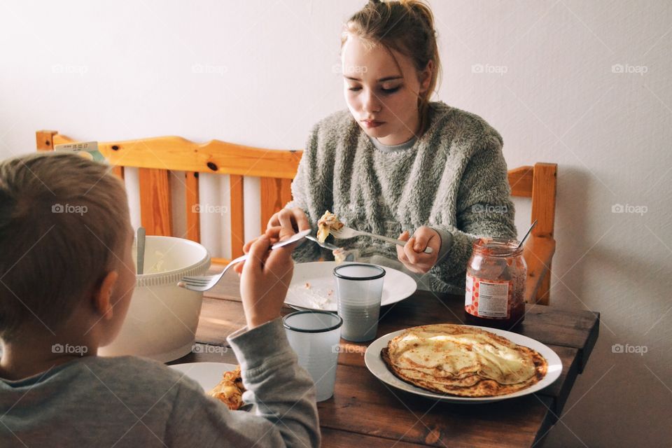 Eating breakfast