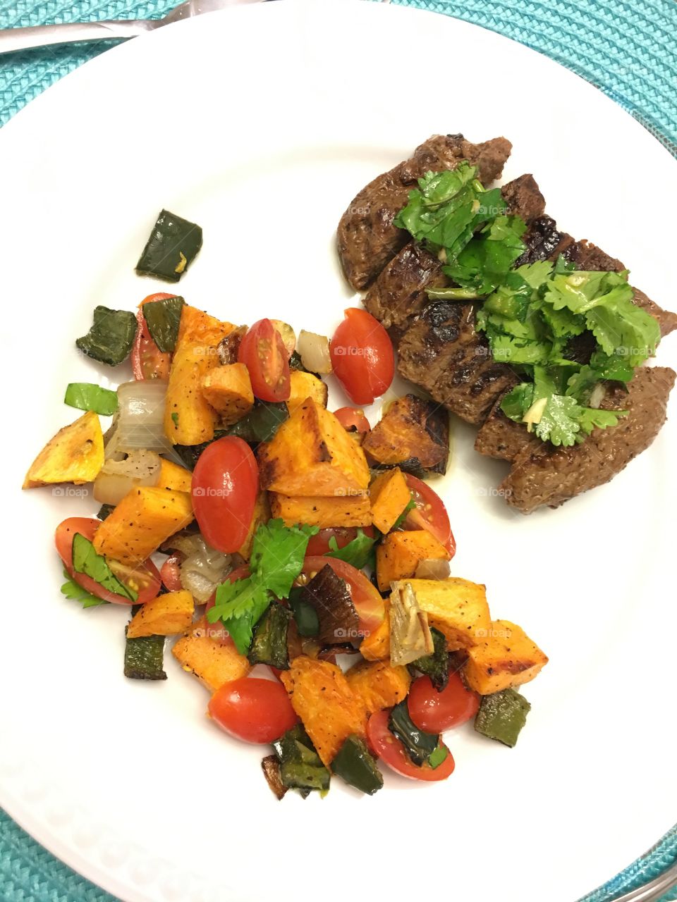 Sweet potato salad and steak