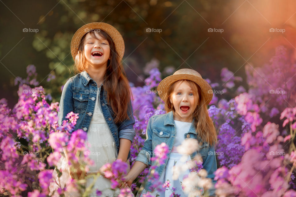 Little sisters in a blossom meadow at sunset 