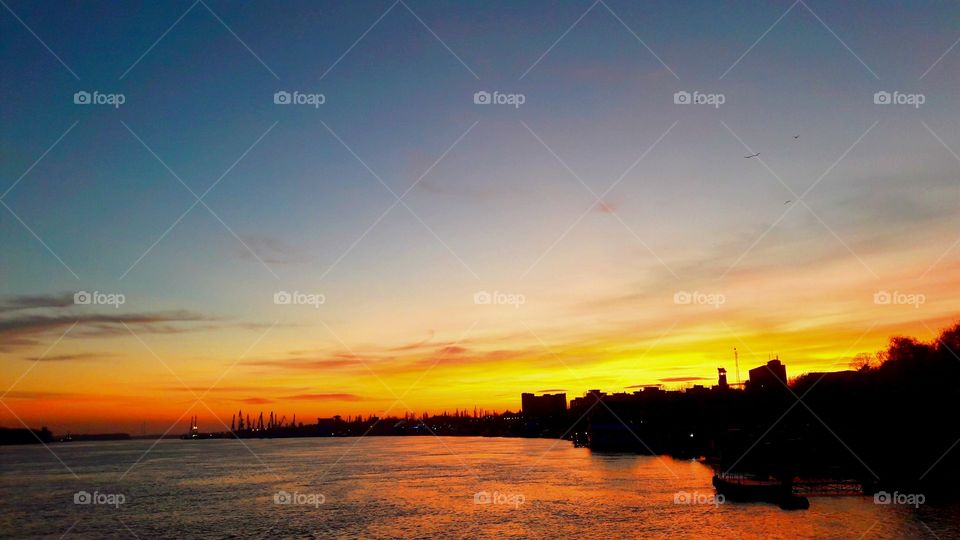 Sunset at Danube river in Braila port