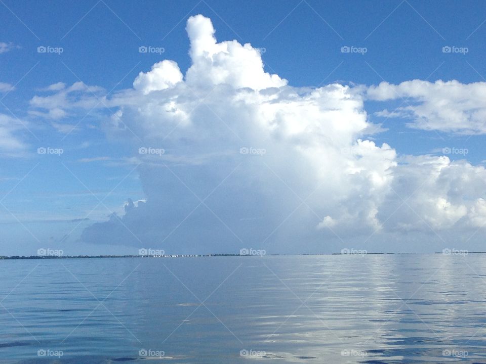 Here are three types of water. There is ocean water,  clouds, made of water droplets and ice crystals, and water vapor is in the air.