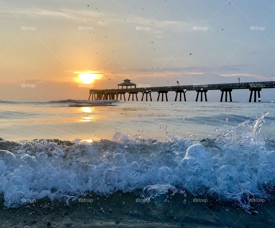 Sunrise, Wave Bubbles and the Deerfield Beach Pier. 
