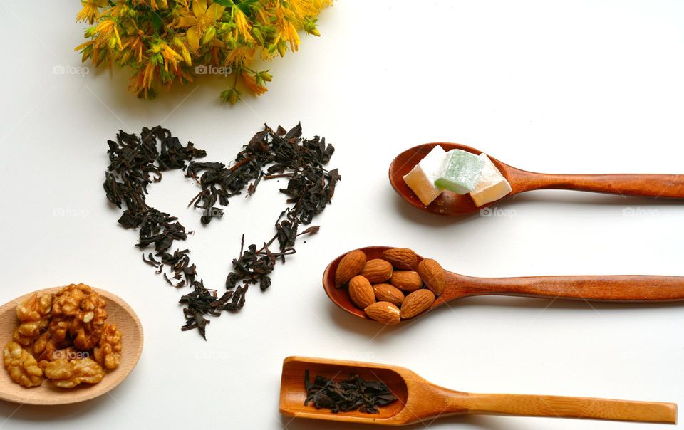 healthy food nuts and tea heart, lifestyle