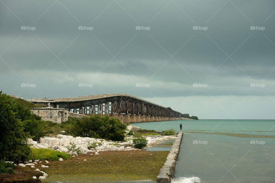 Fishing at the old bridge. Broken bridge in the Florida Keys off plane Kia believe