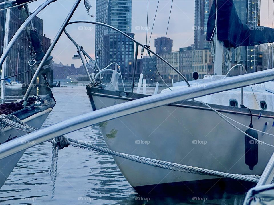 This is the view of “Newtown Creek” in LIC, Queens from the boat window of “Salvation”, the “28 foot 1969 Luhrs” cabin cruiser that I and my partner “Timothy Trespas” call home. 2024. Hypnotic Productions
