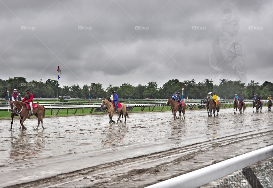 Remembering the Past. On a raining overcast day, the horses are called to the post at Saratoga. Current jockeys are reminded of past greats.