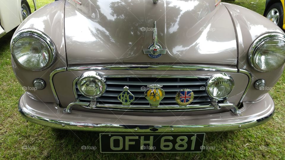 Morris minor grill with multiple badges Inc union jack, race,  aa