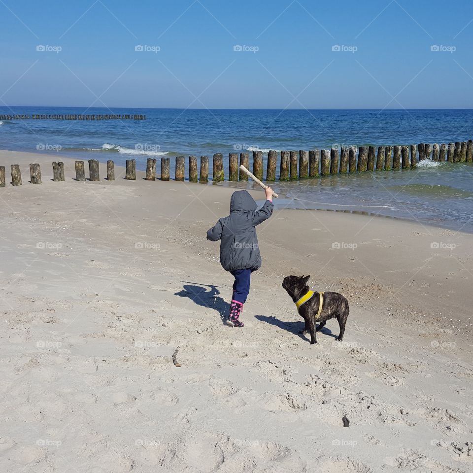 Little girl playing with dog
