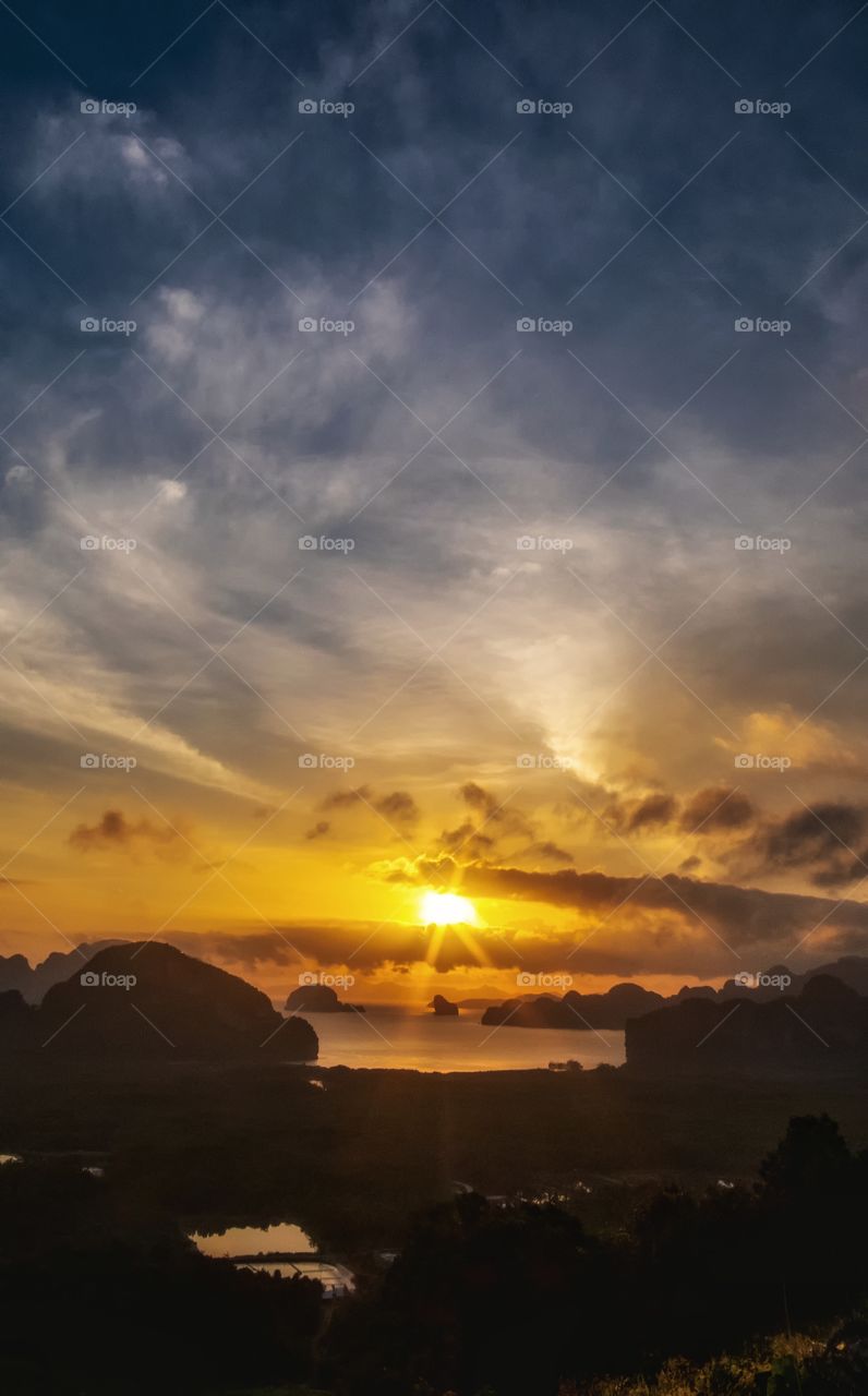 Beautiful dawn above cute island