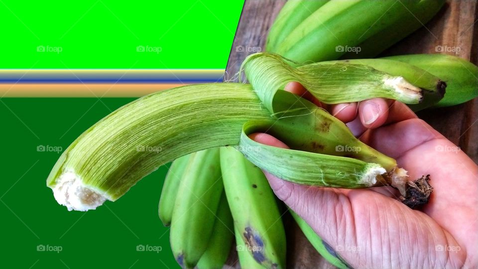 Mão segurando uma banana verde. Plano de fundo com tons de verde.