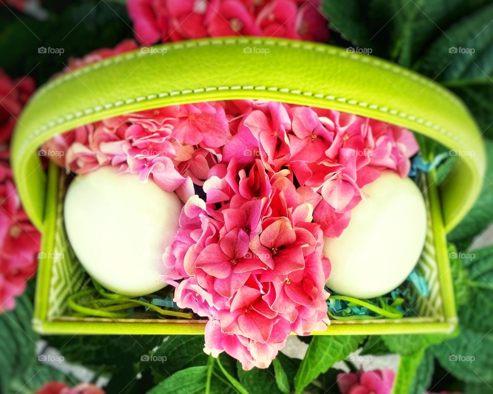 Pink hydrangea and eggs in a green Easter basket clash of color