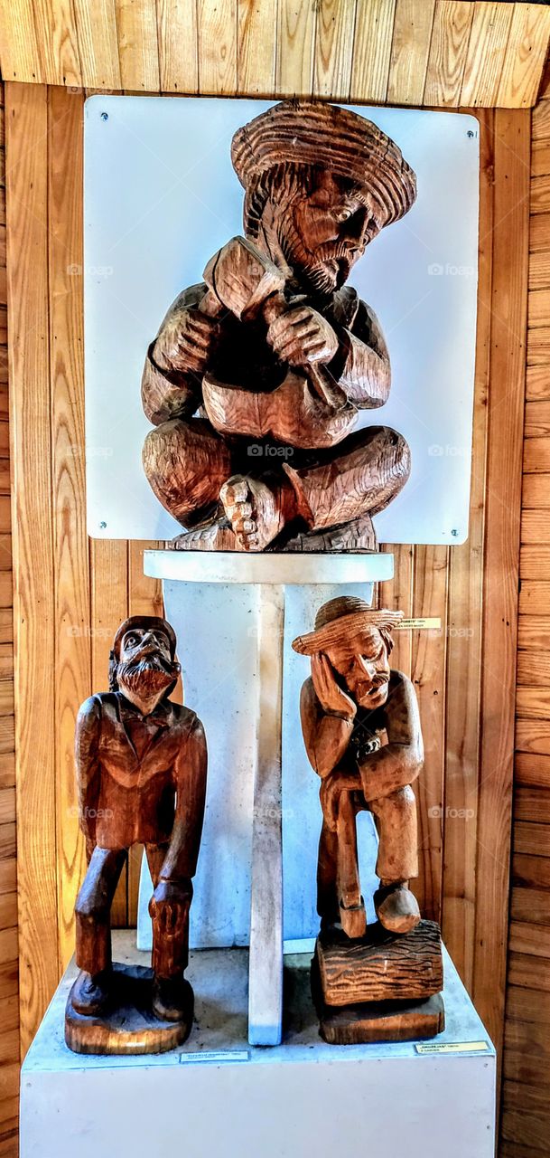 A hobby that has become a profession. Wooden sculpture and woodcarving. Triptych "Old Sages." (From the series "Visiting the Sculptor Chesnulis", July, 2019) .