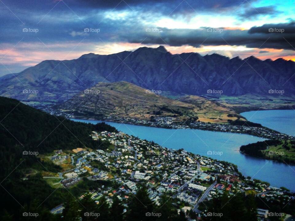 Queenstown New Zealand city from above. 