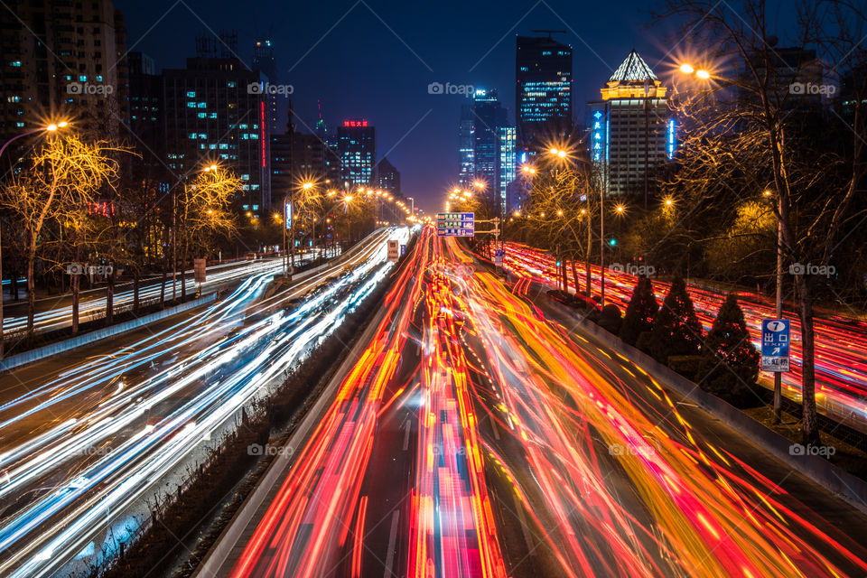 china, Beijing,, traffic, at night, light strips