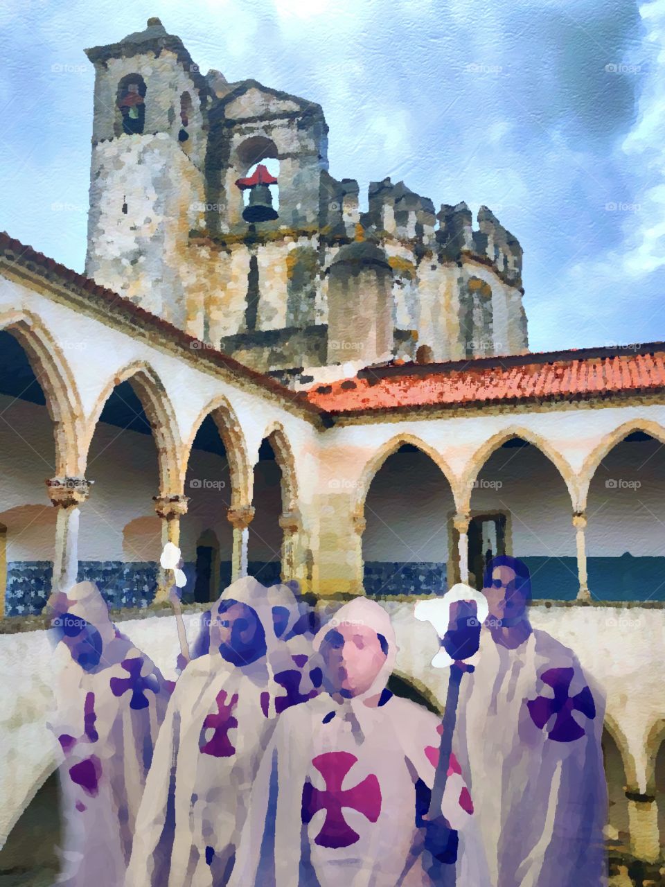 Composite image of people dressed as Templars with the Convent of Christ as a backdrop - Tomar, Portugal