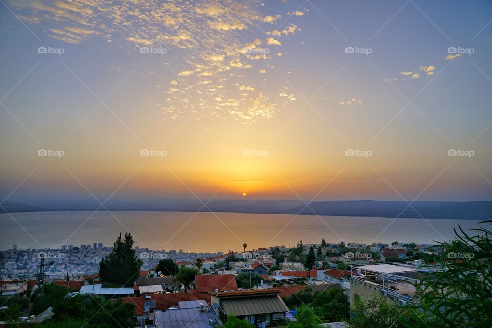 Golden sunrise at the Lake Galilea aka Galilee aka Tiberias aka Genesareth of Israel