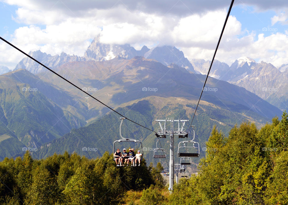 Cable car in Svaneti, Georgia. View of Ushba mountain