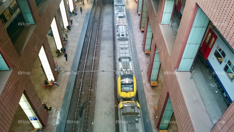Train passing through Level -2 of Antwerpen-Centraal Station, Antwerp, Belgium. Train also visible on Level -1
