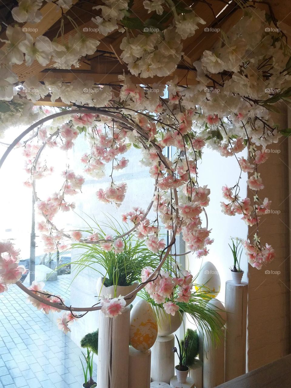 a floral easter decorations in a city cafe