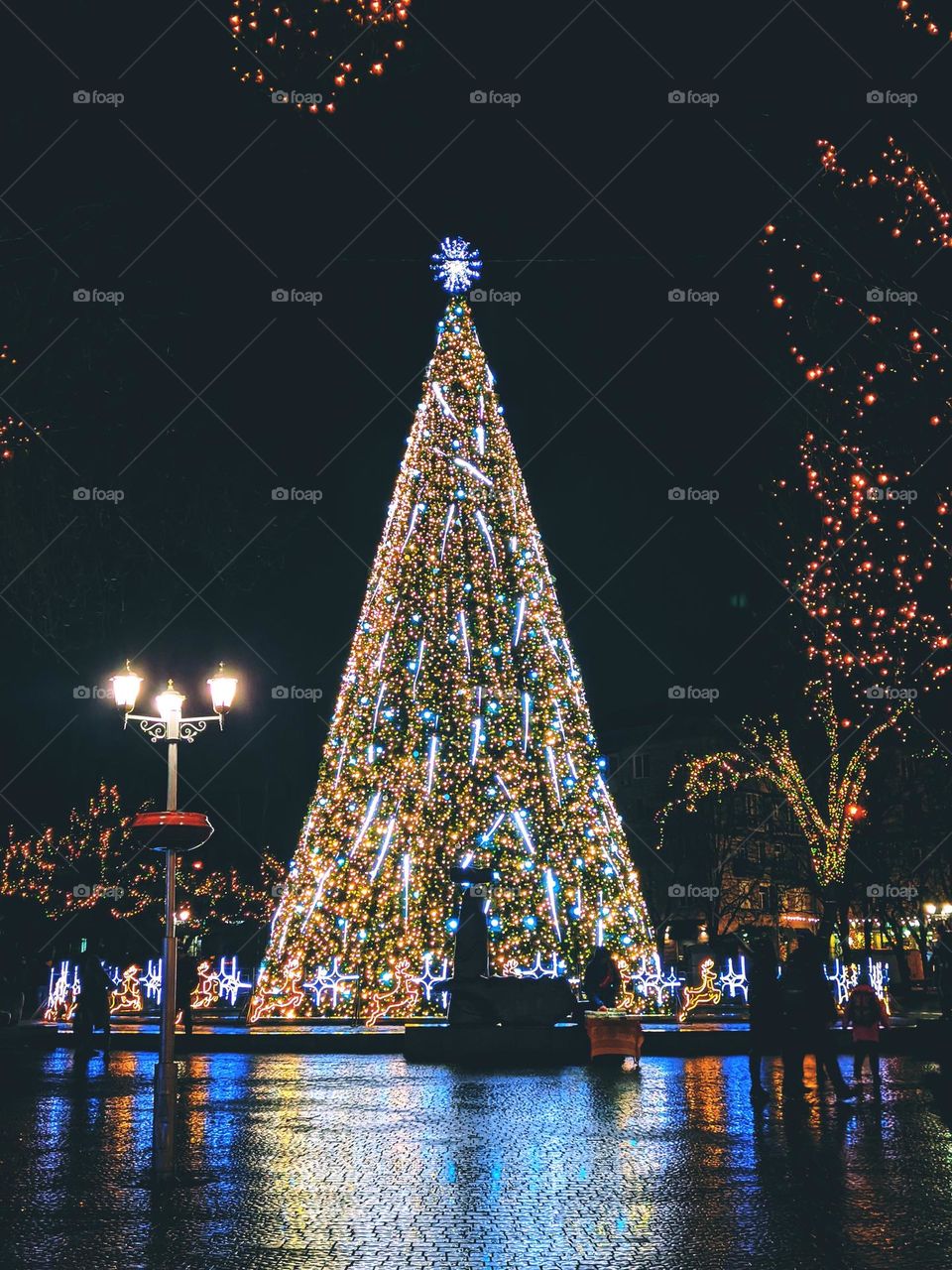 Christmas and New Year decorations, garlands, lights in night city. Eve celebration.  Deer horns. Ukraine