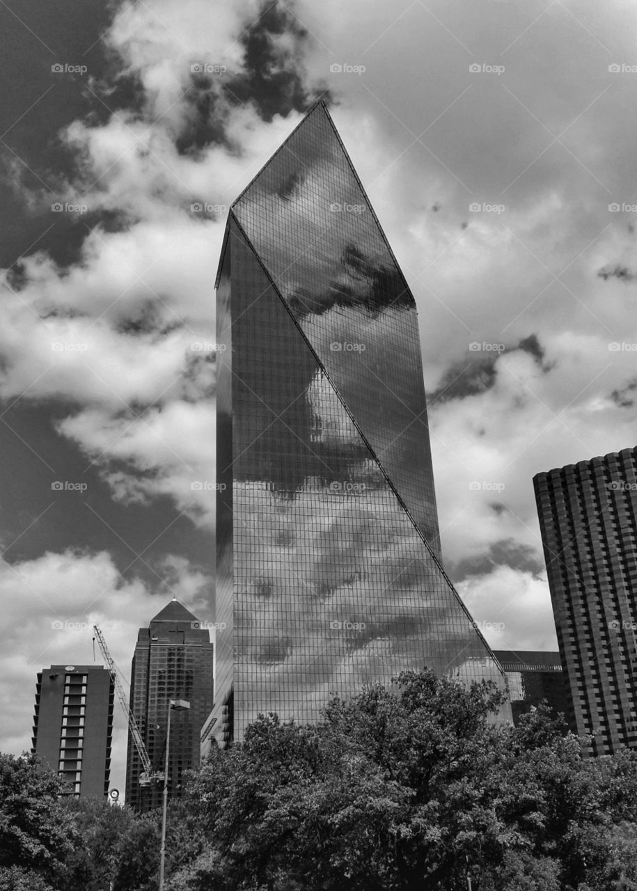 Downtown Dallas Texas skyscraper in black and white