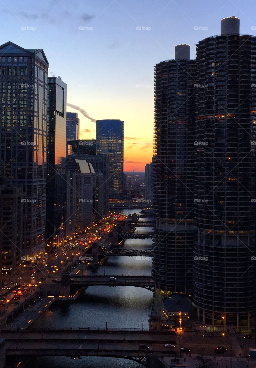 Chicago River at sunset