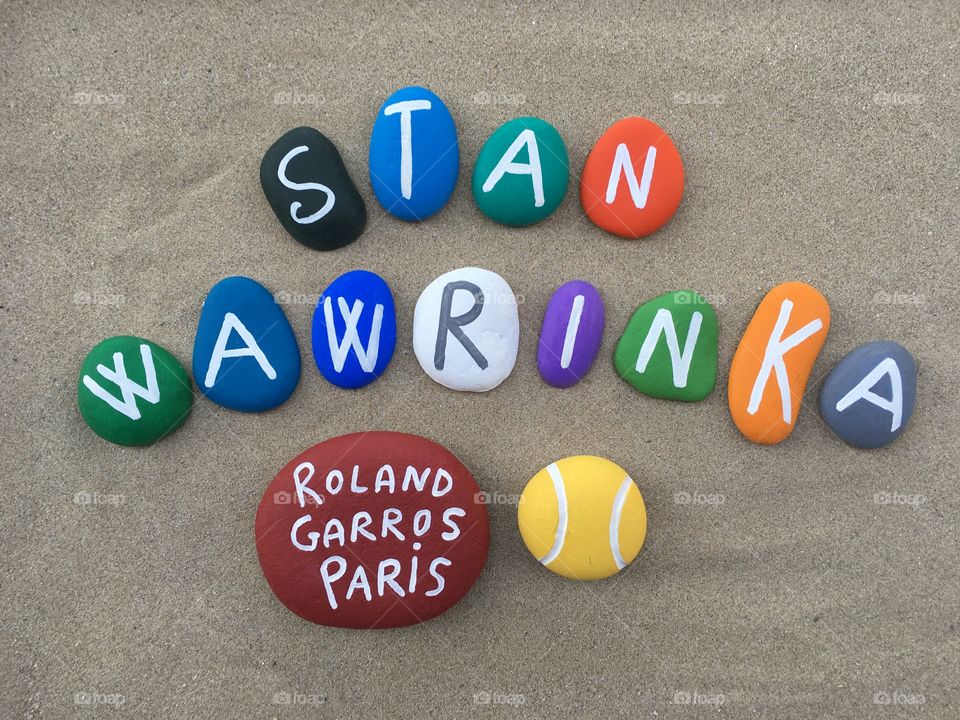 Stanislas "Stan" Wawrinka, swiss professional tennis champion at Roland Garros, souvenir on colored stones 