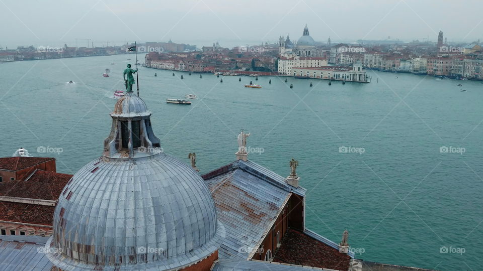 Panorama of the Giudecca Canal from the campanile of San Giorgio in Venice, Italy.  Santa Maria della Salute is on the other side of the canal.