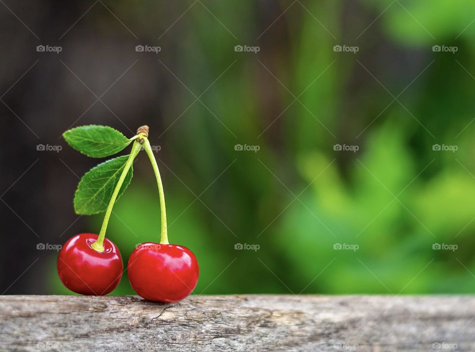 Summer food, delicious ripe cherry berries on a branch on a wooden background. Minimalism on a green blurred background