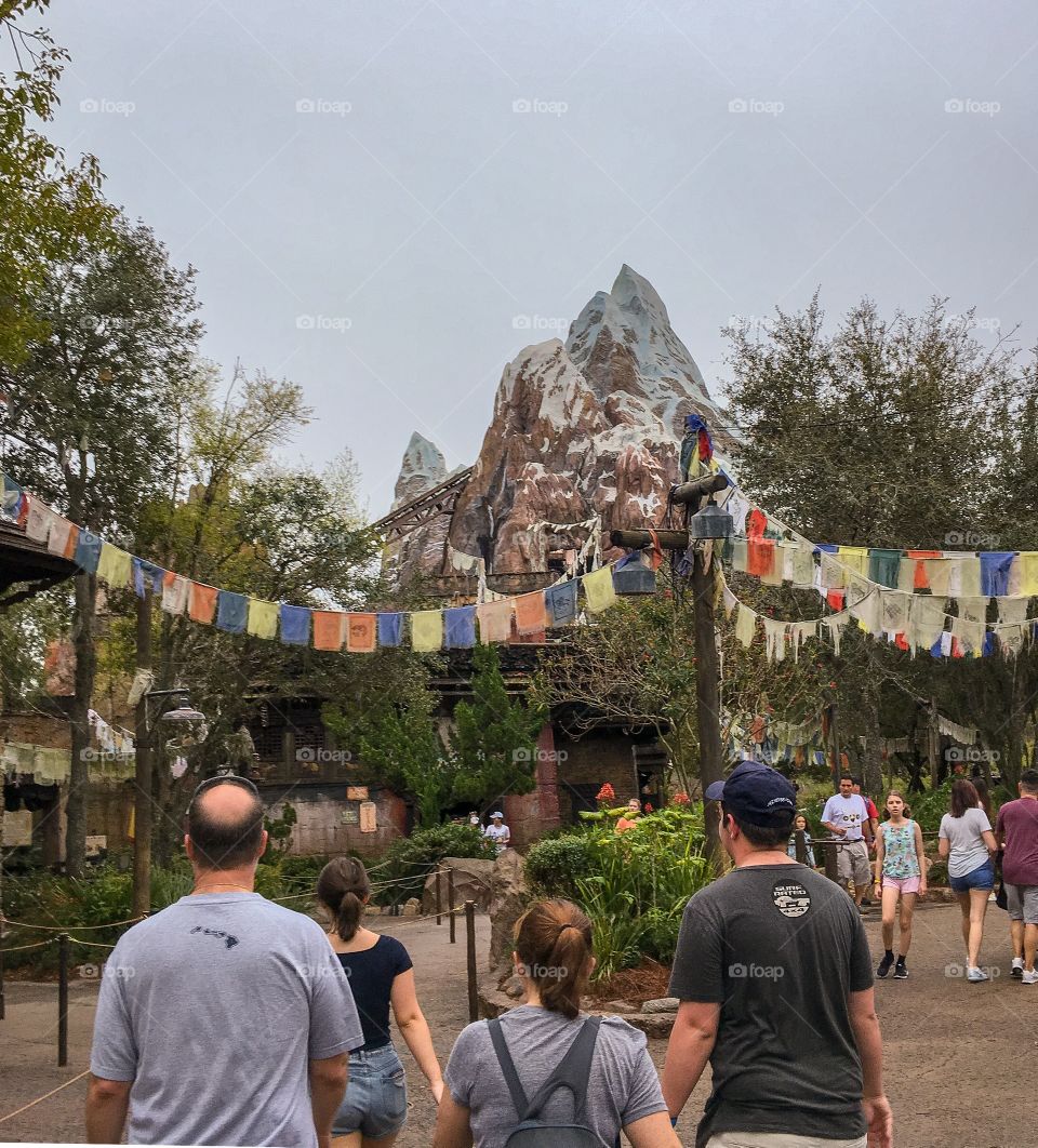 Heading to Expedition Everest to ride the rollercoaster.  Early park hours means no waiting! 