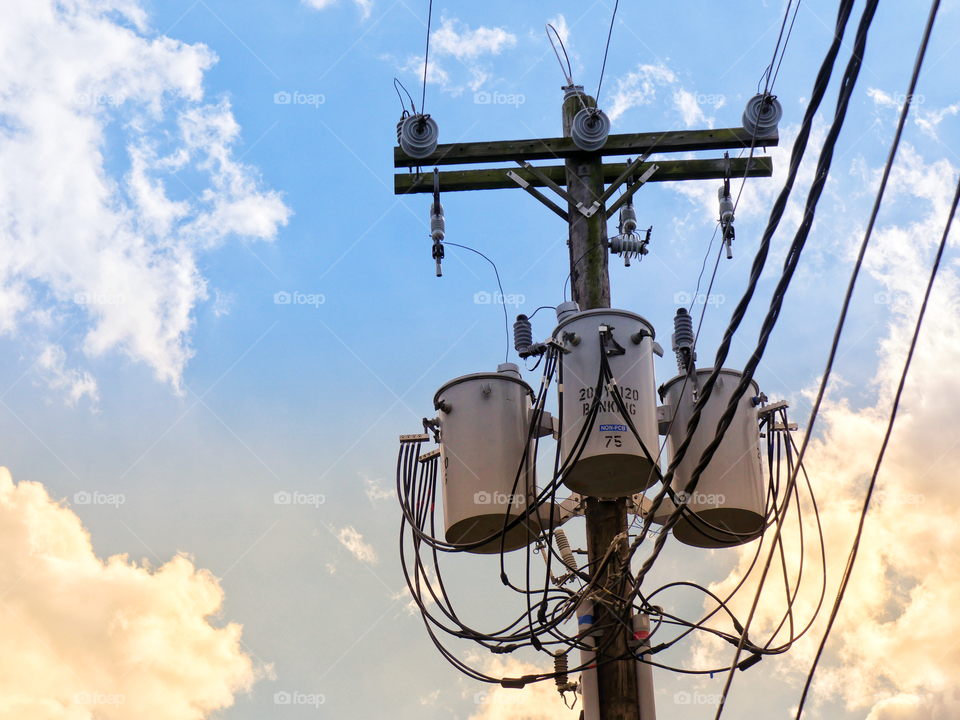North Carolina Power Pole Transformers During Golden Hour 