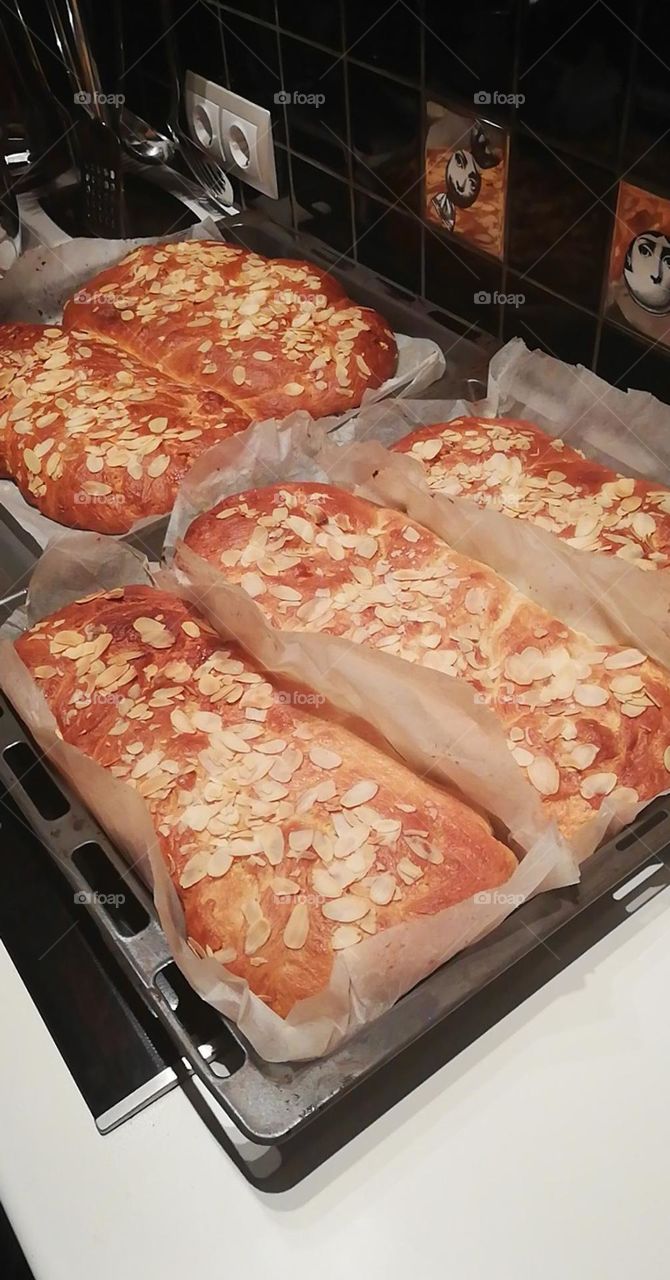 Homemade greek sweet bread filled with chocolate or mastic.