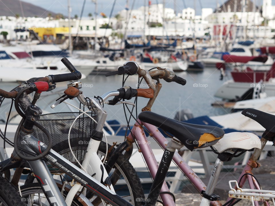 Bikes with yachts in background