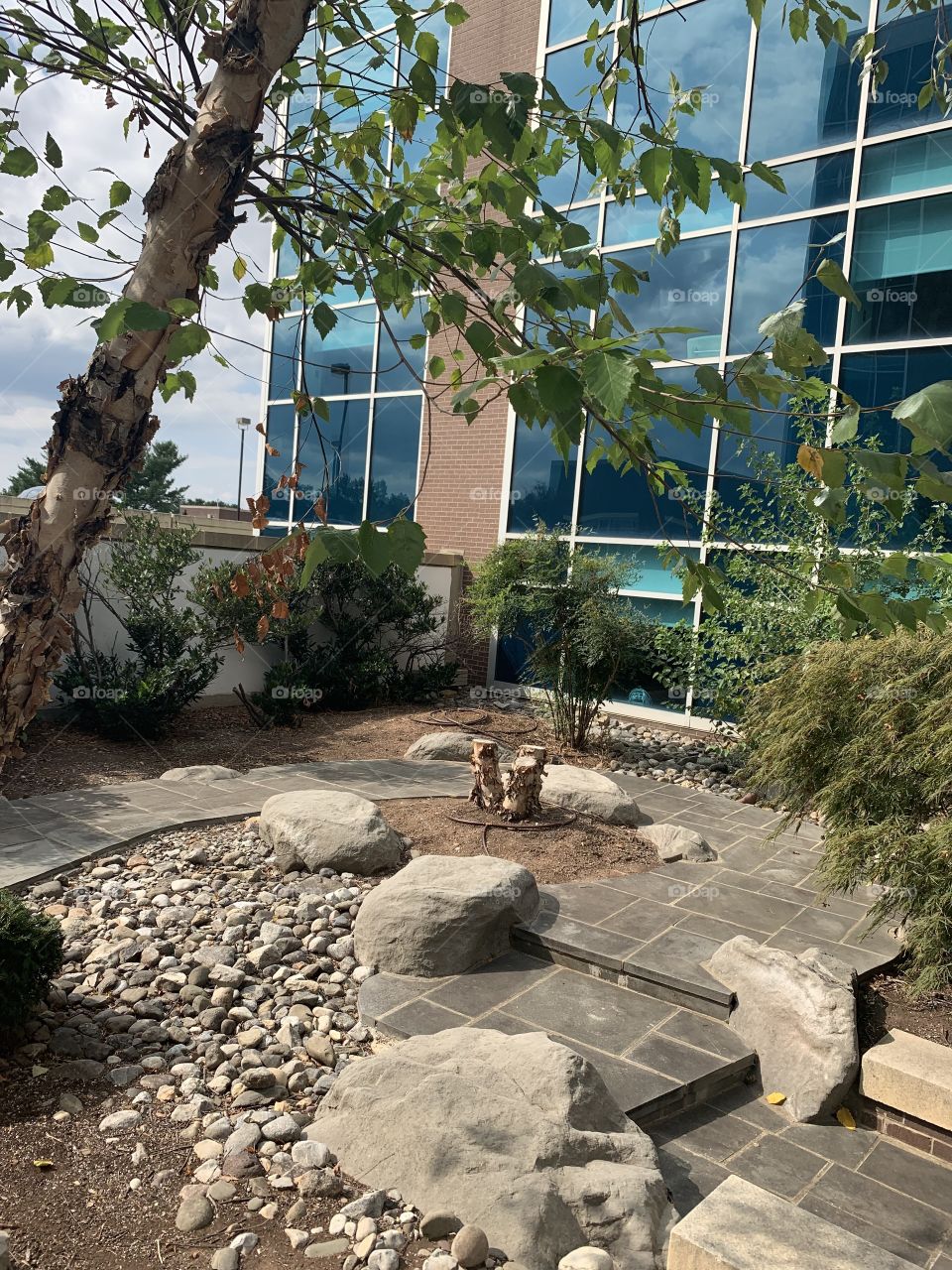 The healing garden at Fairfax Hospital. Mother Nature is healing to soothe your aches and pains and calm your troubles. Landscape Scene. Beautiful set-up.