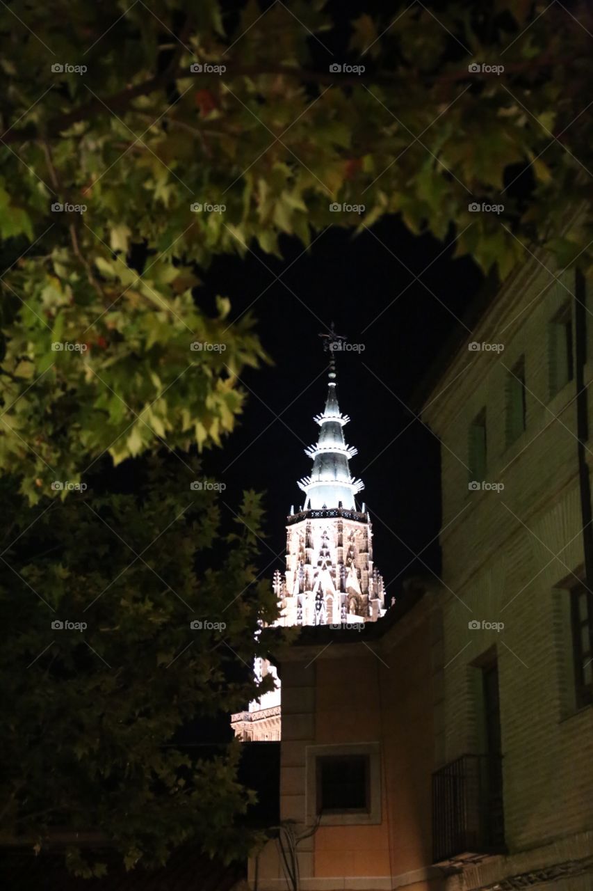 The tower of Toledo cathedral in the night light